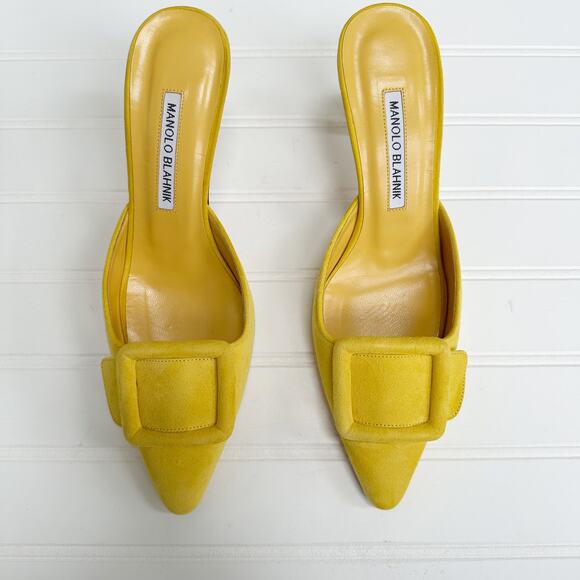 Manolo Blahnik Maysale Yellow Suede Mule Slip-On Kitten Heel Pumps 37.5 Buckle - Picture 4 of 8